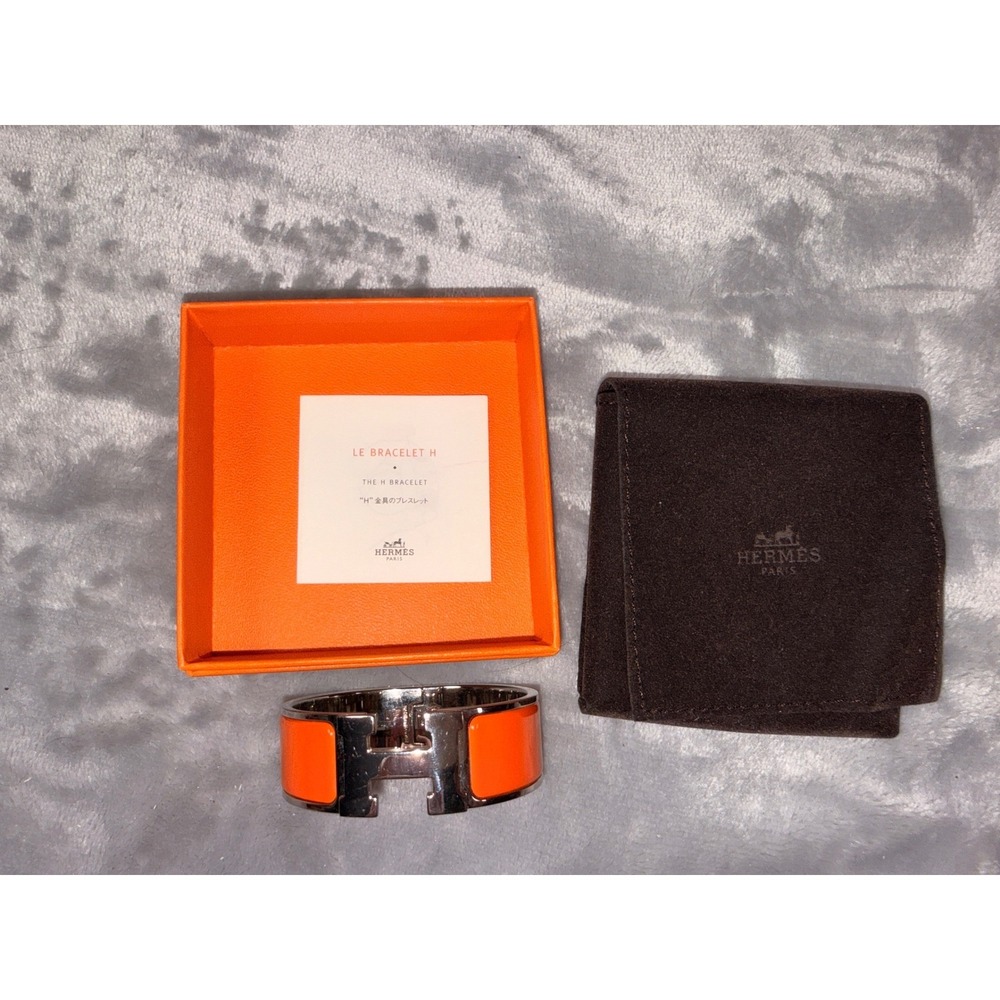 Hermes Clic Clac H Bracelet Orange Enamel Silver Palladium Wide Bangle Box Pouch